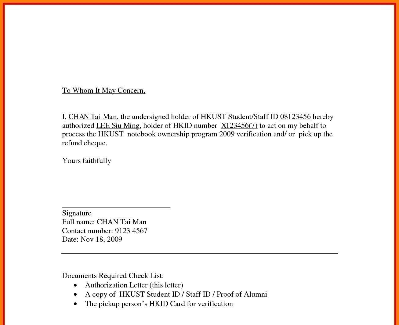 Authorization Letter Template To Collect Cheque Download