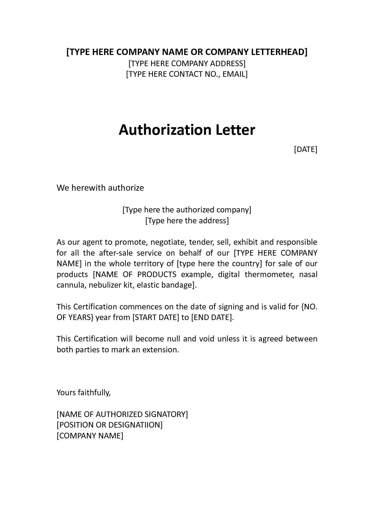 Sample Letter of Authorization to Represent Company