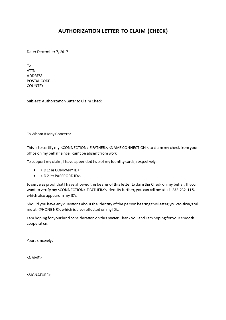 Sample Authorization Letter to Claim Check