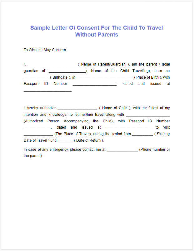 Sample Letter Of Consent For The Child To Travel Without Parents